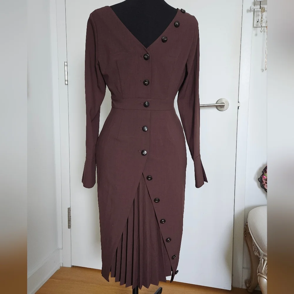 Rienda Japan Onee Gyaru Fitted Brown Dress Back Buttons And Pleated Panel - Picture 13 of 16